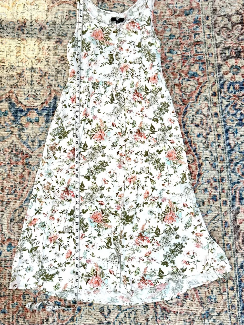 FRYE Dress White Pink Green Floral Sundress Button Front Midi Spring Summer M - Picture 7 of 8